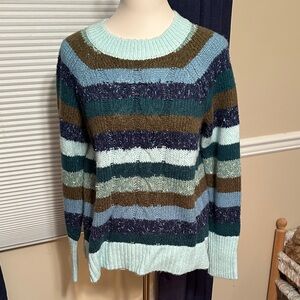 Talbots Blue, Brown and  Green Striped Crewneck Sweater